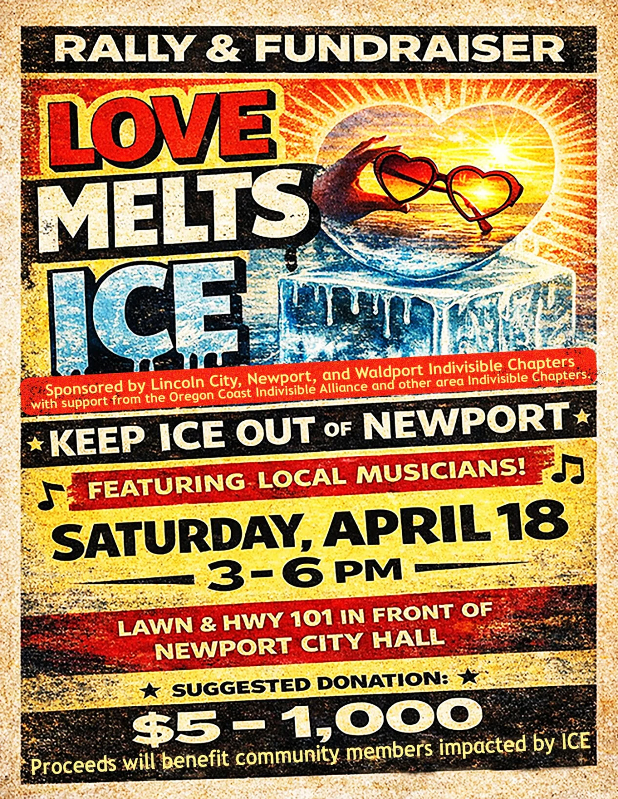 Vintage-style fundraiser poster for a 'Love Melts Ice' rally to keep ice out of Newport; includes date, time, and location details and suggested donation.