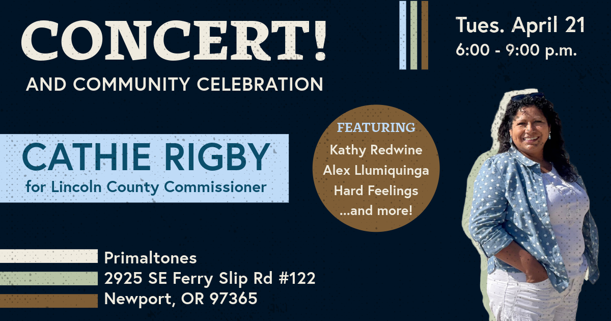 Concert and community celebration poster with date, time (Tue, Apr 21, 6:00–9:00 p.m.), location, and featured performers; shows a smiling woman in a blue polka-dot shirt on the right.