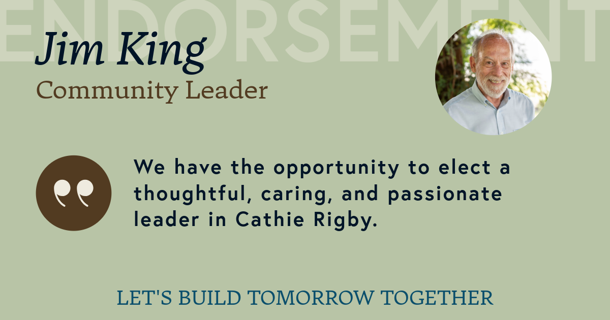 Banner introducing Jim King as Community Leader with a circular headshot on the right, decorative quote icon on the left, and the slogan 'LET'S BUILD TOMORROW TOGETHER'.