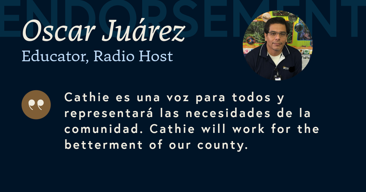 Intro banner for Oscar Juárez, educator and radio host, featuring his circular photo and a bilingual community-voiced quote.